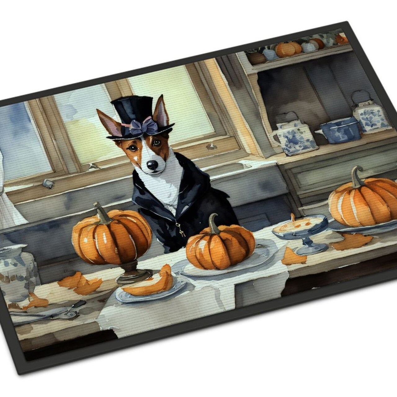 Edge Collections - 18" x 27" - Multicolor - Basenji Fall Kitchen Pumpkins Doormat Indoor Outdoor Rug Non-Slip Washable - 1 Piece